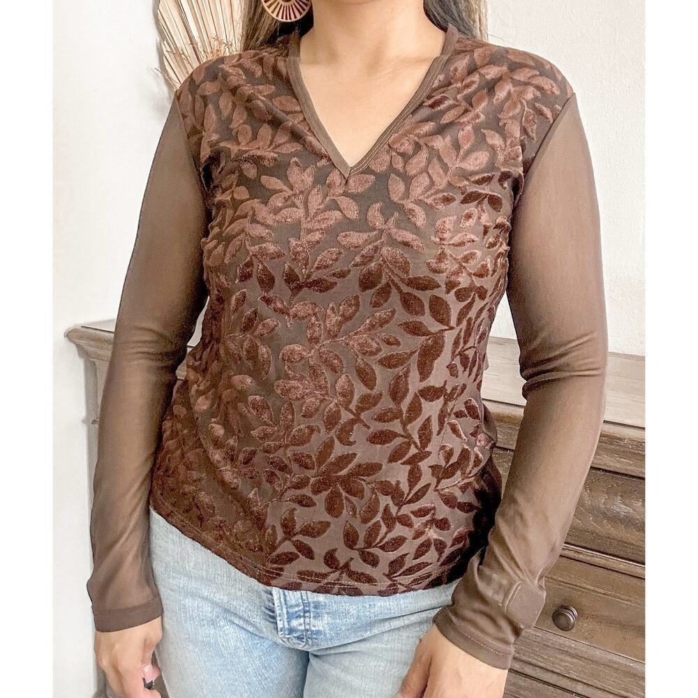Rest Relax Womens Vintage Brown Burnout Velvet Mesh Sleeve Grunge Top‎ Size 10